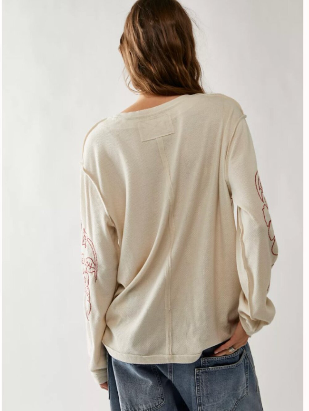 Free People Embroidered Floral Waffle Knit Long Sleeve Tee Medium Boho - Picture 2 of 16